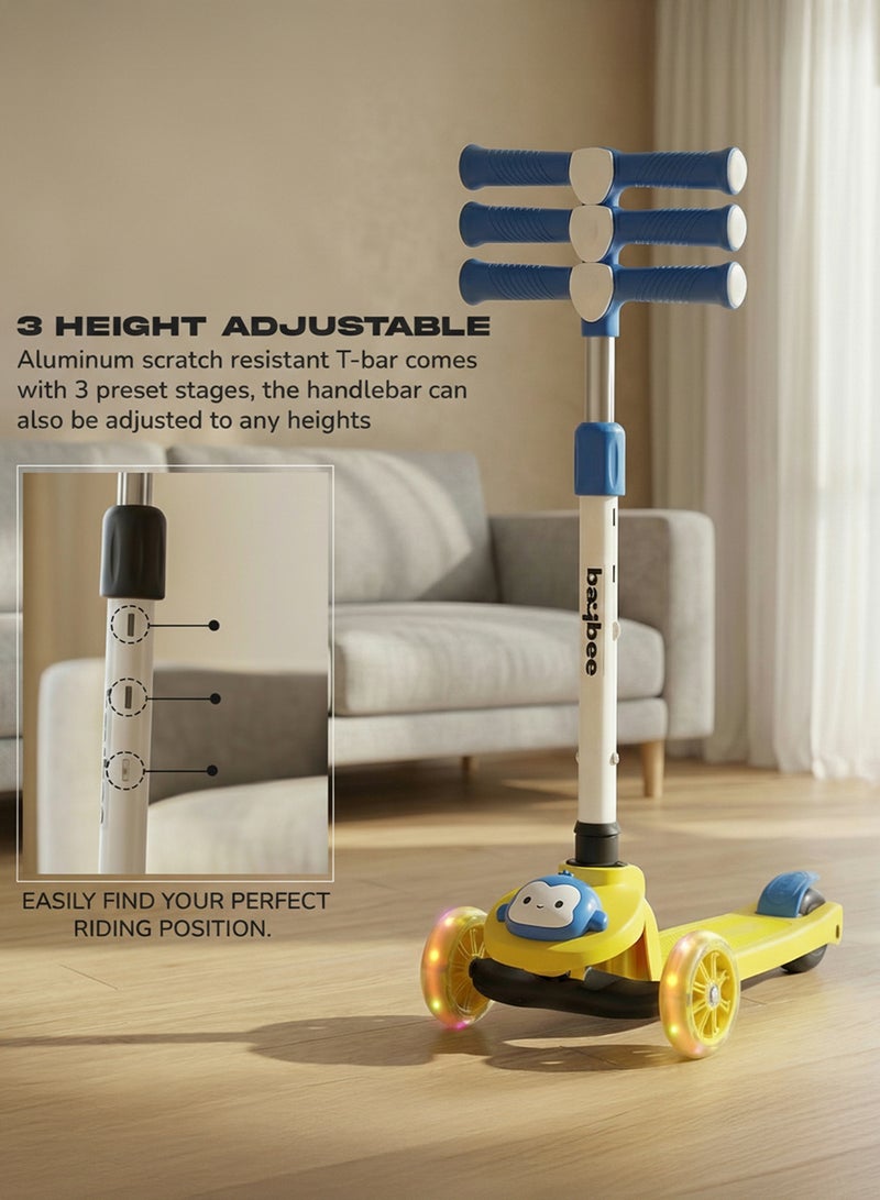 بيبي سكوتر مونكي للأطفال | سكوتر بثلاث عجلات للأطفال بثلاثة ارتفاعات قابلة للتعديل، مزود بإضاءة LED وموسيقى | سكوترات تزلج تتحمل وزنًا يصل إلى 50 كجم | سكوترات جري للأطفال من عمر سنتين إلى 10 سنوات، لون أصفر - Image 3